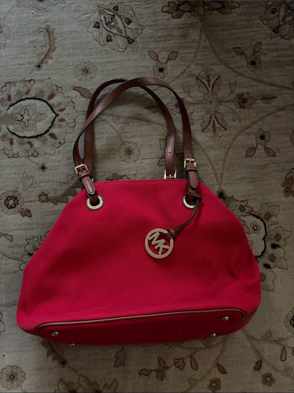 Michael Kors Bright Red Canvas Shoulder Tote with Brown Leather Straps